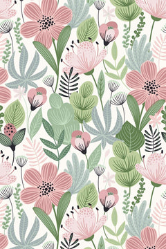 Décor à plat : semis dense de fleurs roses à cœur noir et de feuilles vert amande et vert-gris sur fond crème