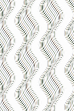 Le décor à plat: ondulations verticales de traits fins gris perle, taupe, beige et vert sapin sur fond blanc.