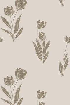 Tulipes en silhouette taupe et longues feuilles sur fond beige grège.