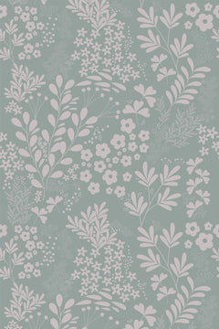Le motif à plat : fleurs, fougères et rameaux rose poudré serrés sur un fond vert jade grisé.