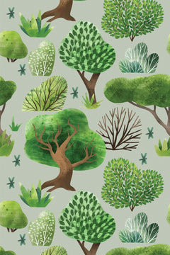 Le décor à plat : petits arbres et buissons aquarellés, verts et brun rouge, sur fond vert sauge.