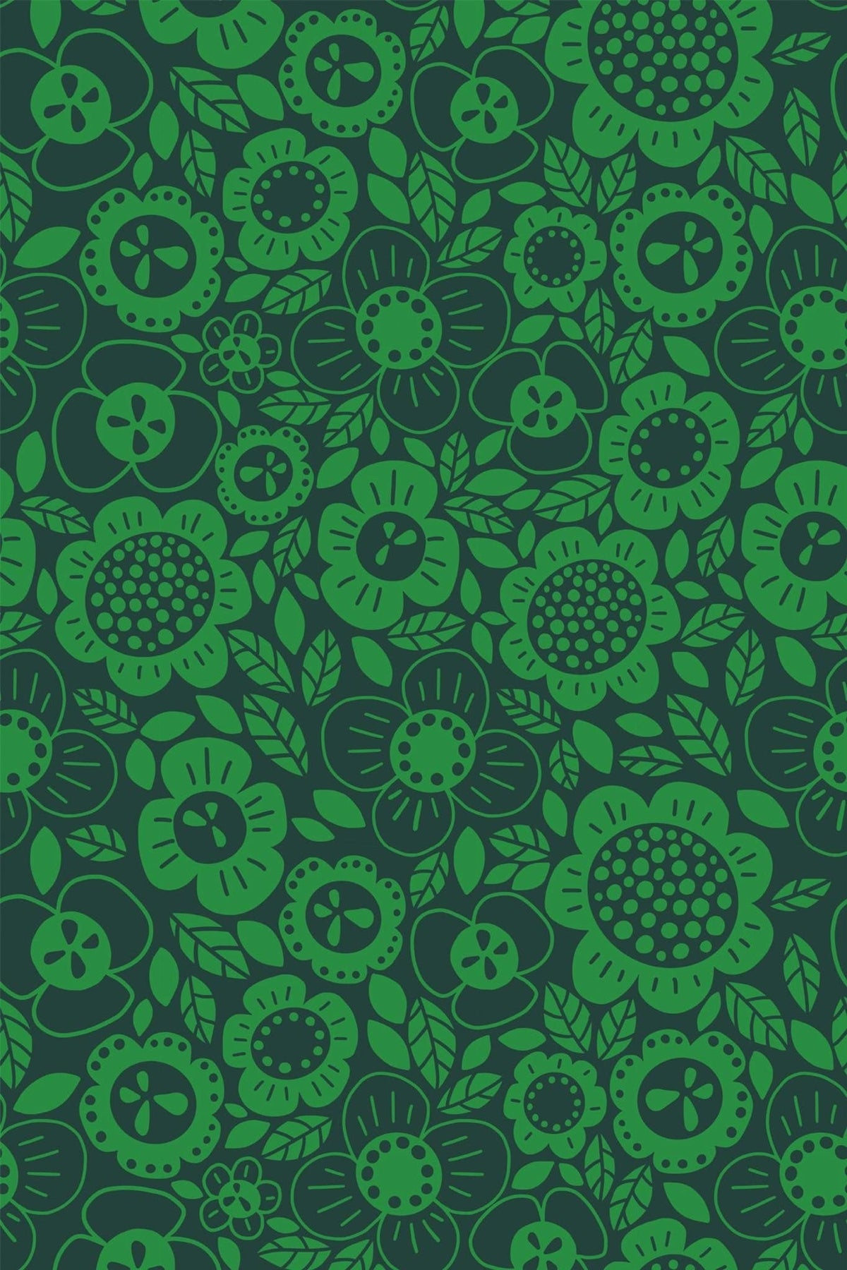 Fleurs Rétro sur Vert Sapin, le motif seul