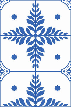Le décor à plat: grands carreaux blancs bordés de bleu cobalt, à croix de feuilles et étoiles à huit branches.