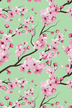 Le décor à plat : branches brun foncé chargées de fleurs de cerisier roses et de boutons framboise sur fond vert amande.