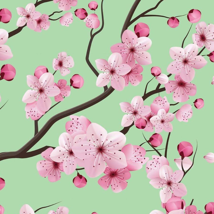 Gros plan de l'impression : le cœur piqueté d'une corolle rose et les nervures des pétales sur le fond vert.