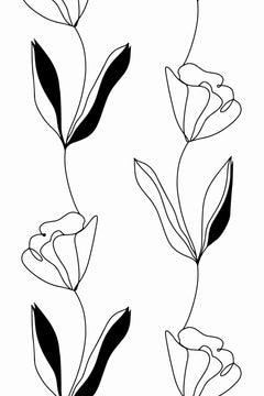 Le décor à plat : des tiges fleuries au trait noir, feuilles à moitié pleines, sur blanc.