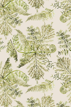 Motif à plat : frondes de fougère, crosses enroulées et rameaux de conifère vert mousse et olive sur fond beige lin