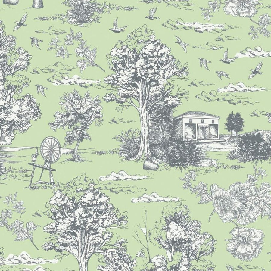 Gros plan sur l'impression, hachures fines de la gravure grise sur le vert tilleul.