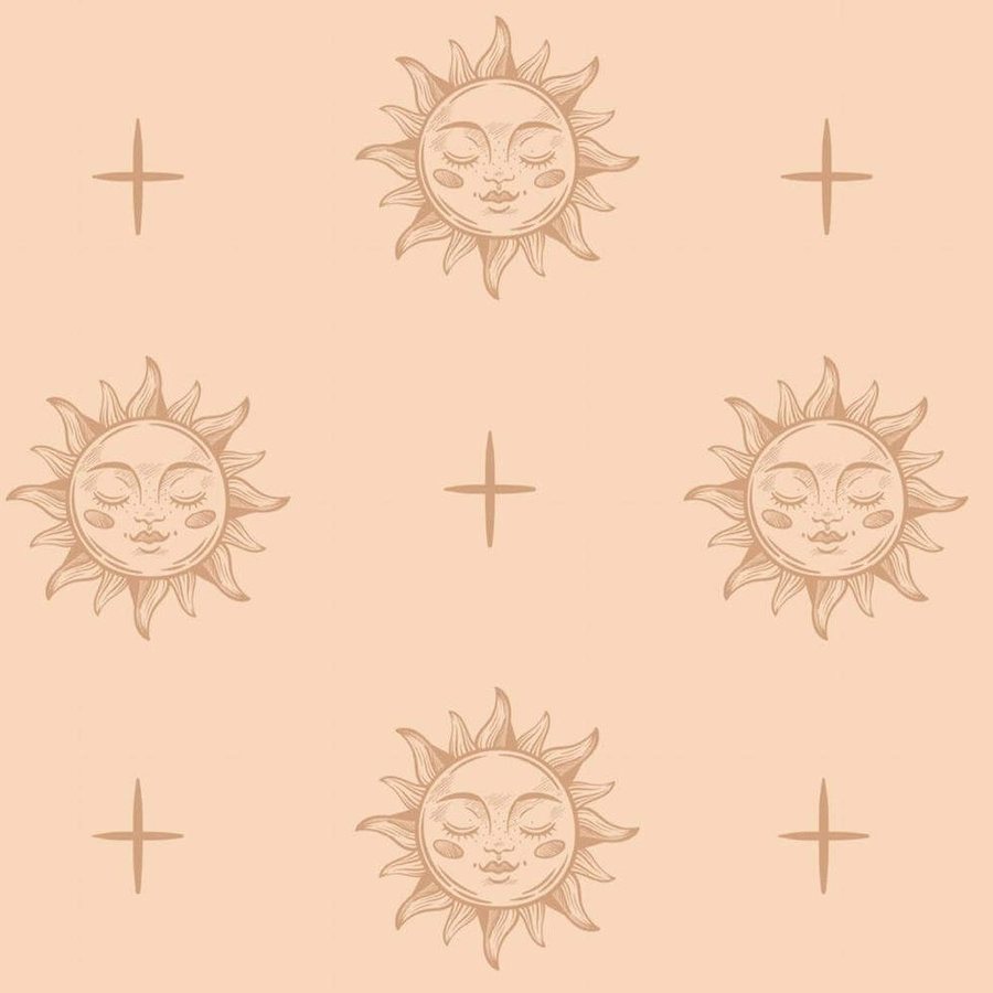 Gros plan de l'impression : les hachures brunes d'un visage de soleil et la pointe effilée de ses rayons.