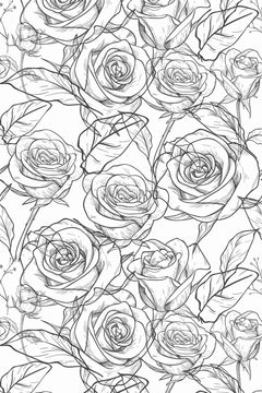 Le décor à plat : de grandes roses dessinées au trait anthracite, feuilles et tiges mêlées.