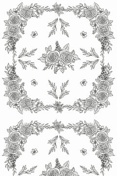 Le décor à plat : des guirlandes de roses grises formant de grands cadres sur fond blanc.