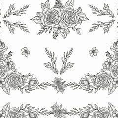 Gros plan de l'impression : les traits de crayon d'un bouquet d'angle et de ses petites fleurs.