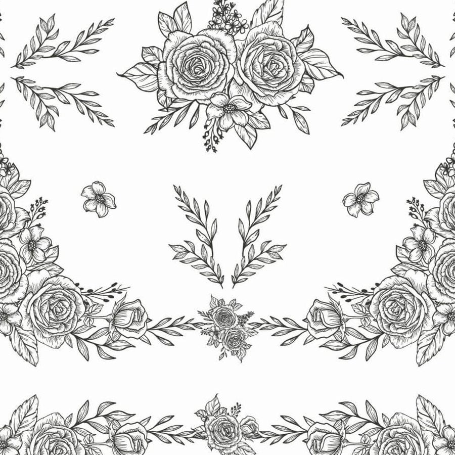Gros plan de l'impression : les traits de crayon d'un bouquet d'angle et de ses petites fleurs.