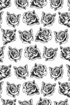 Le décor à plat : des roses gravées noires et leurs feuilles dentelées, en semis serré.