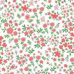 Gros plan sur l'impression : corolle corail à cinq pétales et fine feuille verte sur le fond blanc.