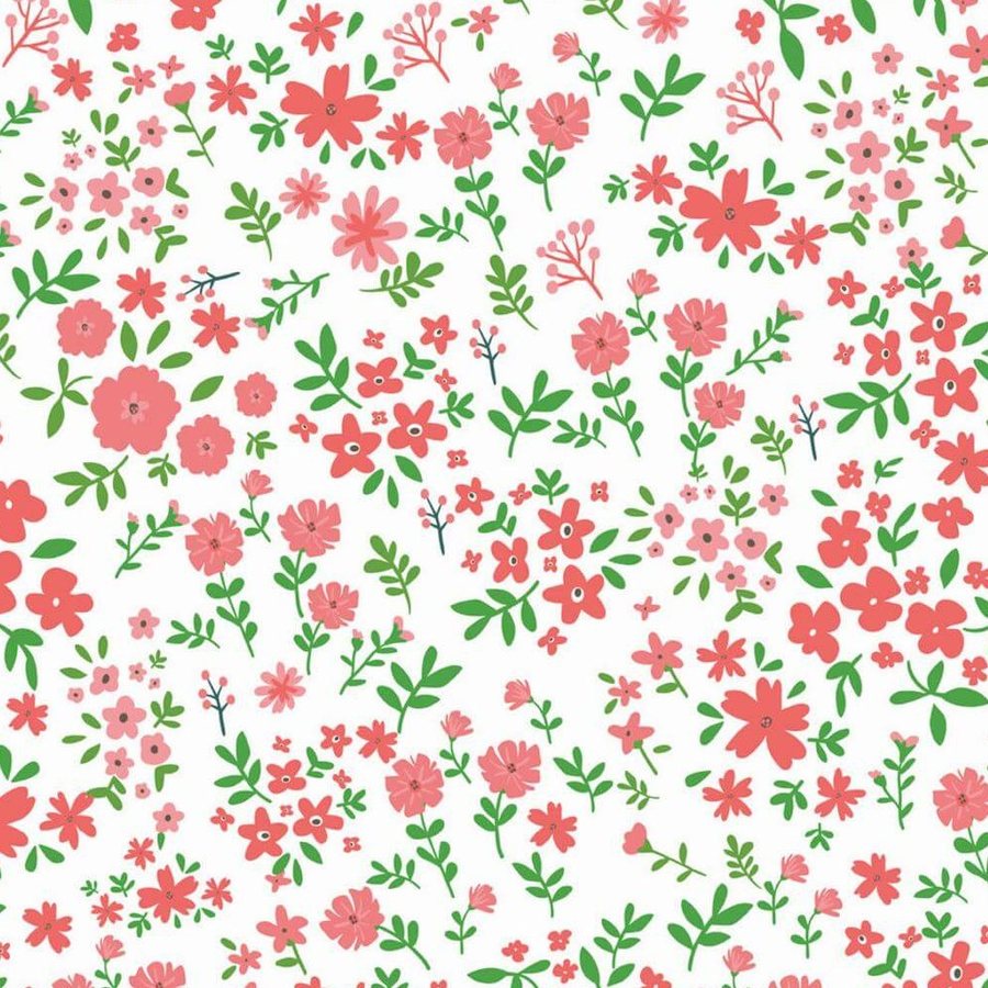 Gros plan sur l'impression : corolle corail à cinq pétales et fine feuille verte sur le fond blanc.