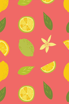 Le décor à plat : citrons jaunes entiers, rondelles et quartiers, citron vert et feuilles olive sur fond rose corail