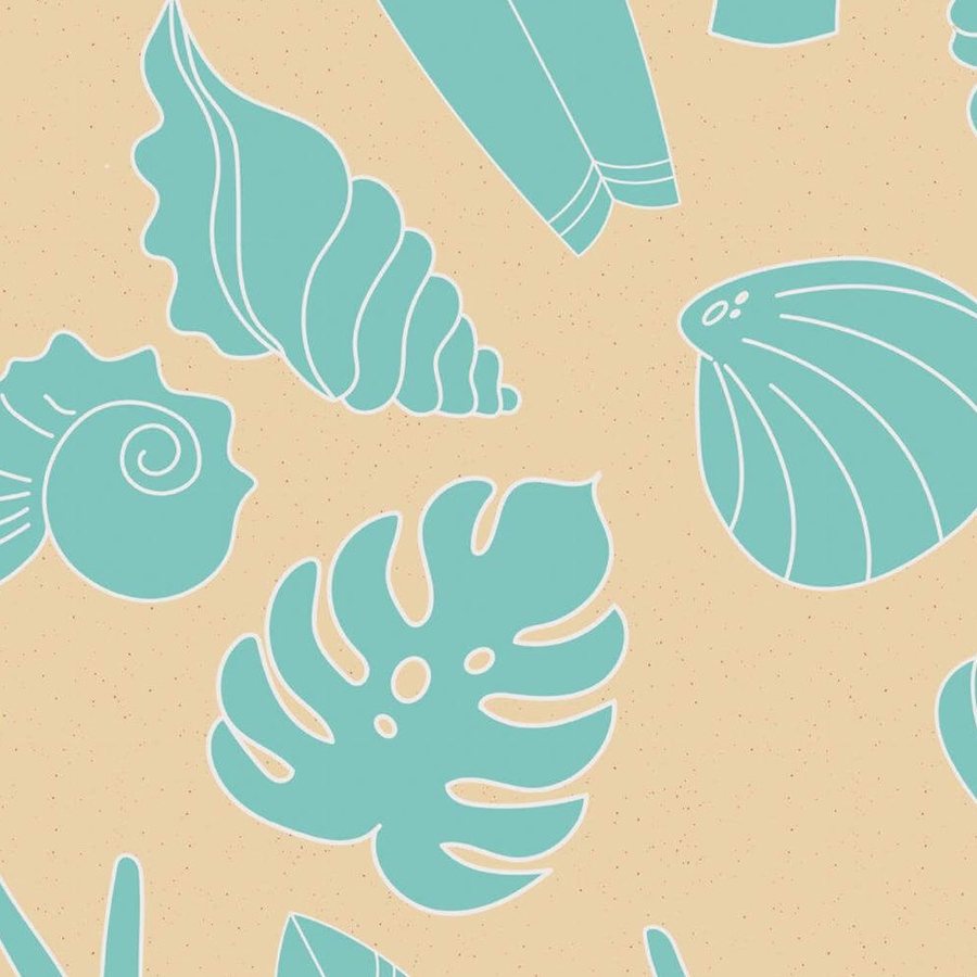 Gros plan sur l'impression : l'aplat turquoise d'une conque et les traits clairs de sa spirale