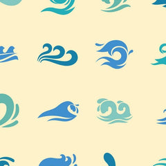 Gros plan sur une vague turquoise enroulée en spirale, aplat net sur fond crème.