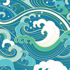Gros plan sur l'impression : volute d'écume blanche et hachures fines d'un rouleau turquoise.