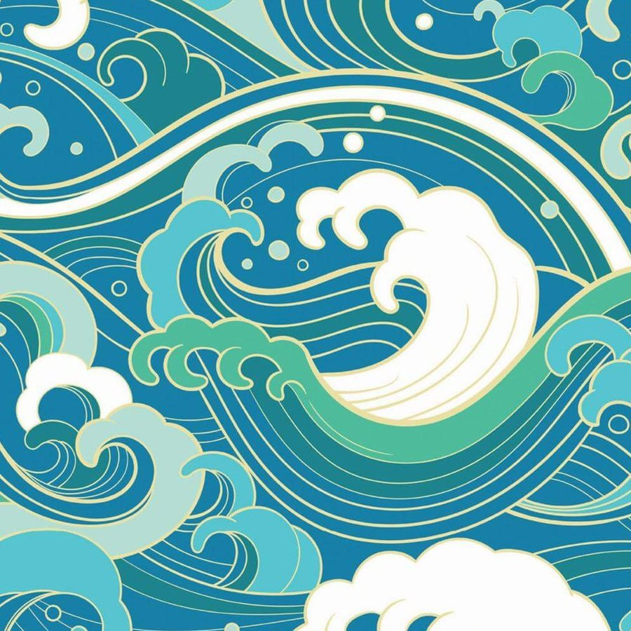 Gros plan sur l'impression : volute d'écume blanche et hachures fines d'un rouleau turquoise.