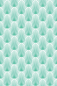 Le décor à plat : plumes turquoise en traits fins, emboîtées en colonnes sur un fond blanc.