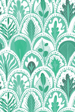 Le décor à plat : arcs en écailles blancs perlés, remplis de feuillages vert jade et vert sapin.