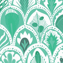 Gros plan sur l'impression : le rang de points qui borde une écaille et les hachures vertes d'une palme.