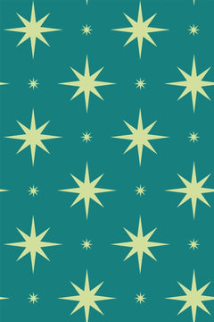 Le décor à plat : étoiles à huit branches vert anis disposées en grille régulière sur un fond turquoise soutenu.