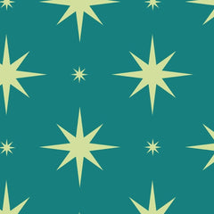 Gros plan de l'impression : les branches droites et pointues d'une étoile anis sur l'aplat turquoise.