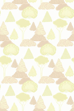 Motif à plat : triangles et houppiers vert anis, buissons beige rosé sur fond blanc cassé