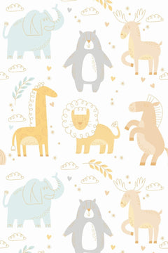 Décor à plat : éléphant bleu, girafe jaune, lion et zèbre en pastel sur fond blanc.