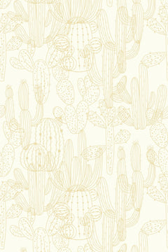 Le décor à plat : cactus dressés et raquettes rondes dessinés au contour doré sur fond crème.