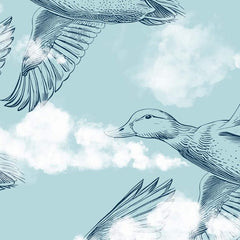 Gros plan de l'impression : les hachures d'une aile et le pointillé du plastron en bleu-gris sur le ciel pâle.