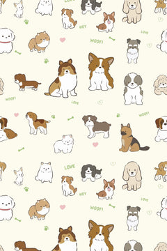 Décor à plat : chiots au trait brun, cœurs roses et empreintes vertes sur fond ivoire.