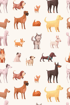 Décor à plat : chiens de races variées en aplats bruns, fauves et noirs sur fond crème.