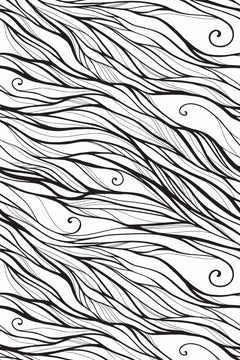 Le décor à plat : lignes noires ondulantes et spirales sur fond blanc, filant en diagonale.