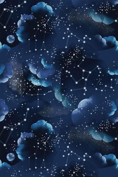 Le décor à plat : ciel bleu nuit avec nuages bleus et violets, amas d'étoiles blanches, constellations reliées et une lune grise.