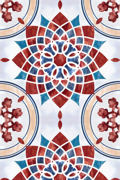 Le décor à plat : rosaces rouge brique et bleu canard en damier sur fond blanc lavé.