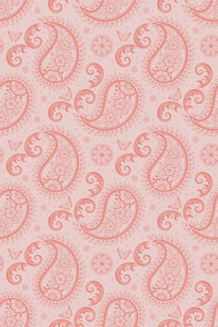 Le décor à plat : grandes gouttes de cachemire corail dessinées au trait sur un fond rose poudré, avec rosaces et virgules intercalées.