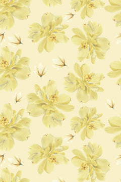 Le décor à plat : grandes fleurs jaune pâle à cœur ocre et petits boutons blancs sur fond crème.