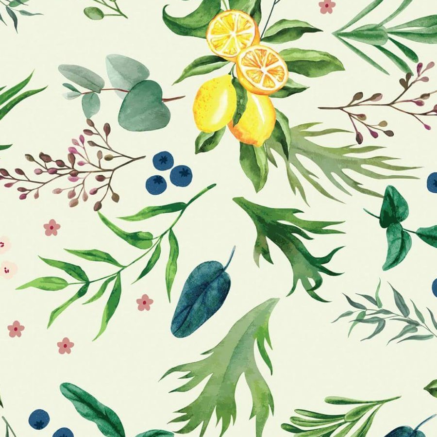 Gros plan sur l'impression : les nervures des feuilles d'eucalyptus et le grain des baies bleues.