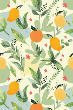 Le décor à plat : citrons jaunes, clémentines orange, feuilles vertes et petites fleurs corail sur fond crème.