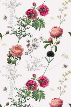 Le décor à plat : des pivoines fuchsia et des branches de coton beige en colonnes sur fond blanc cassé.