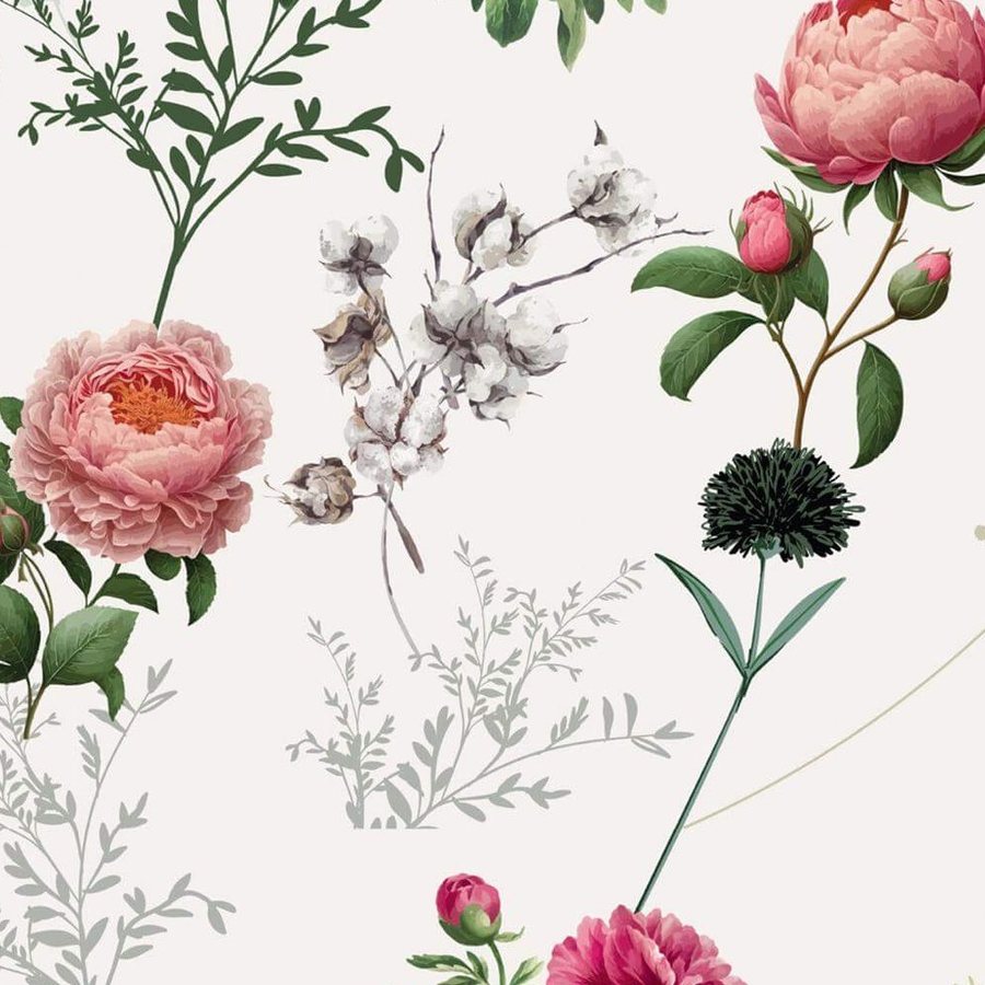 Gros plan sur l'impression : les pétales froissés d'une pivoine et la bourre d'une capsule de coton.