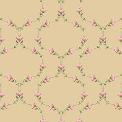 Gros plan de l'impression : un bouton de rose rose pâle et ses deux feuilles vertes, sur le fond sable mat.