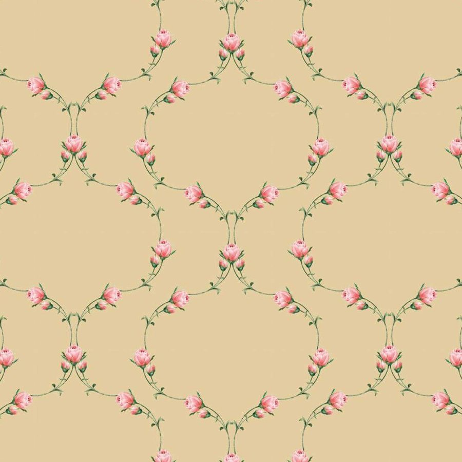 Gros plan de l'impression : un bouton de rose rose pâle et ses deux feuilles vertes, sur le fond sable mat.