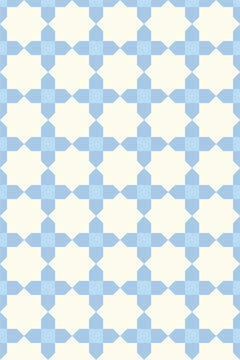 Le décor à plat : croix à quatre branches bleu ciel et losanges blanc crème en trame régulière.