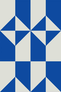 Le décor à plat : des triangles et des carrés bleu roi composés en moulins à vent sur gris perle.