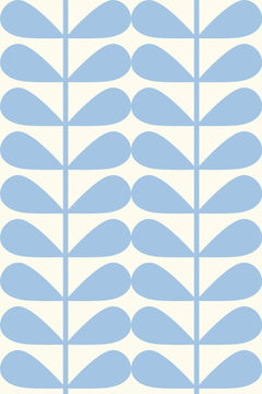 Le motif à plat : paires de pétales bleu ciel sur tiges verticales, répétées en grille sur fond ivoire.